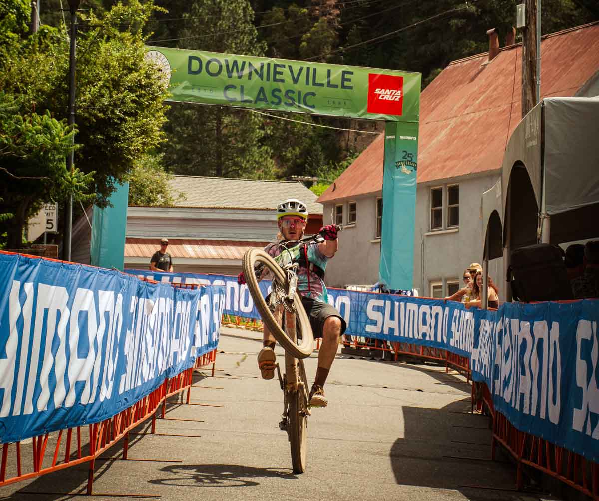 Mountain bike racer finishing in Downieville